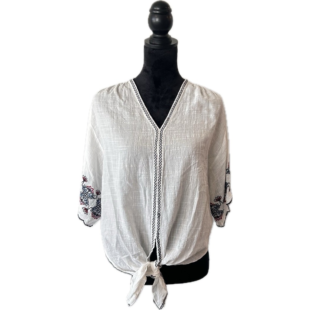 MAX STUDIO White Tie Front Floral Embroidered Balloon Sleeve BOHO Women's Size S